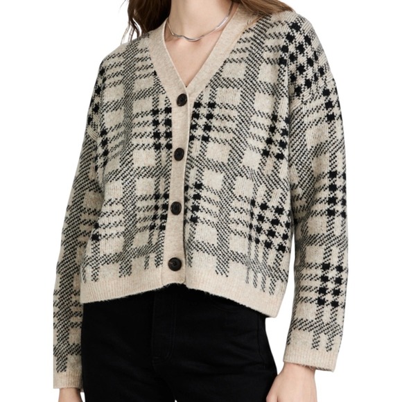 Rails Womens Reese Cardigan Sweater Oatmeal Black Plaid Sz Small Preppy Academia